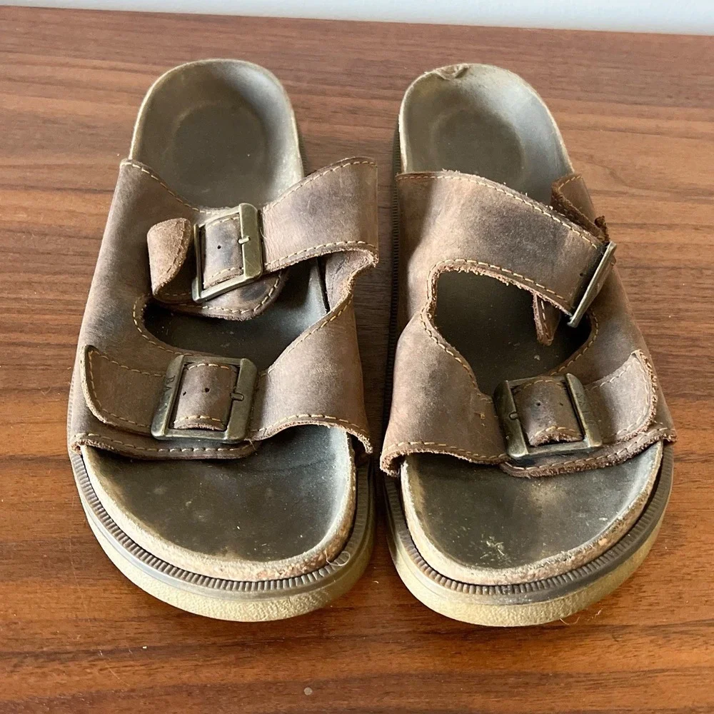 G.H. Bass Leather Double Buckle Sandals Brown Slide Comfort Italy‎ Men's 12